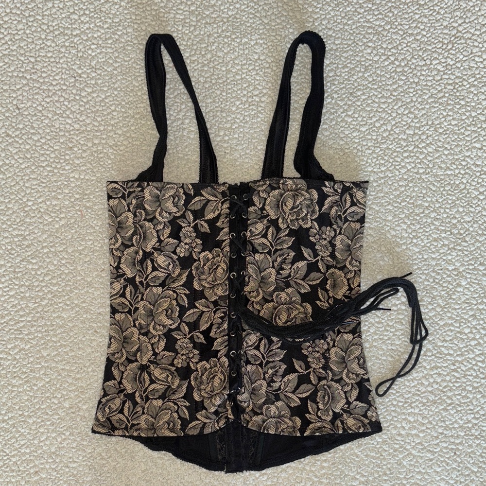 Vintage Black and Cream Floral Corset Top